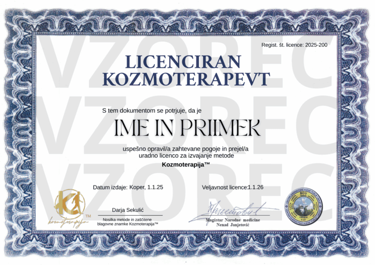 Licenciran terapevt Kozmoterapije™ prejme uradni certifikat in licenco za profesionalno izvajanje metode
