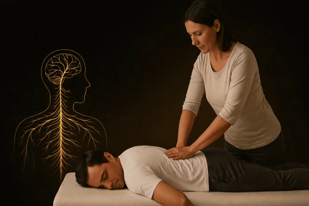 Kozmoterapija v praksi. Terapevt z dlanmi deluje na hrbet osebe, ob njem je prikazan živčni sistem kot simbol telesnega odziva in procesa samozdravljenja.